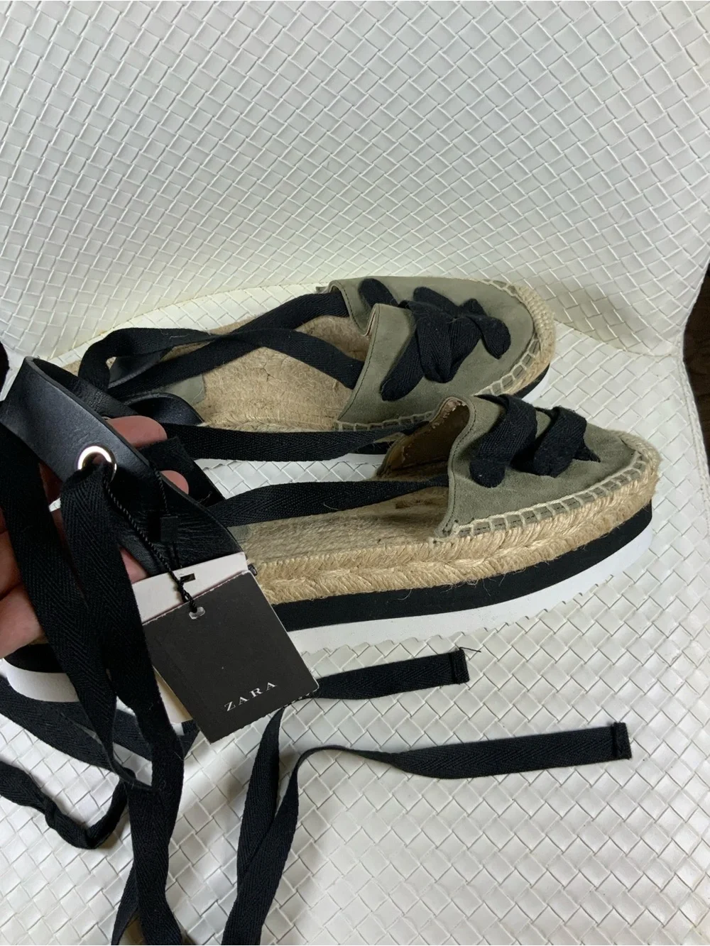 Zara Olive Espadrille Lace-Up Flats with Black Ribbons